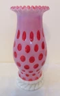VINTAGE FENTON ART GLASS CRANBERRY OPALESCENT COIN DOT HURRICANE CANDLE LAMP