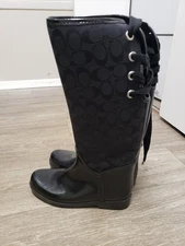 Women's COACH Tristee Lace-Up Corset Signature Logo Rain Boots Black Size 9b