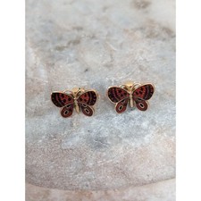 Vintage 14k Yellow Gold Butterfly Enamel Red and Black Stud Earrings