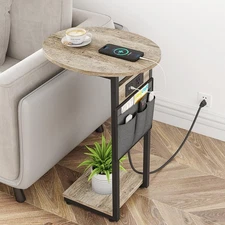 C Shaped End Table with Charging Station, Small Side Table for Couch, Slide U...