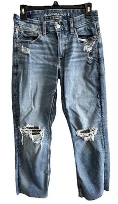 American Eagle Curvy Straight Jeans Womens 6 Short Distressed Cropped Raw Hem