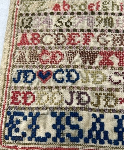 antique unframed sampler colorful 12x11 Elisabeth Deas mid 19thc original - Picture 4 of 9