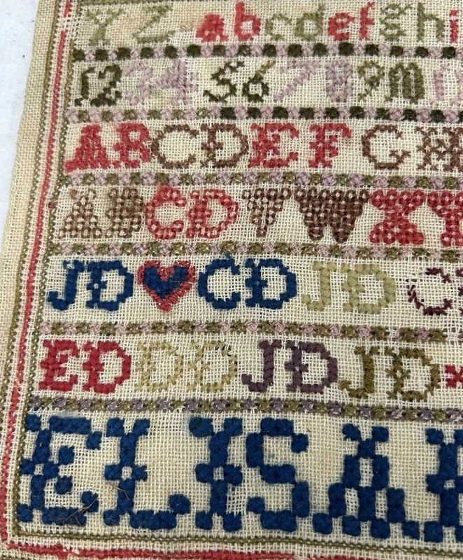antique unframed sampler colorful 12x11 Elisabeth Deas mid 19thc original  - Image 4 of 4