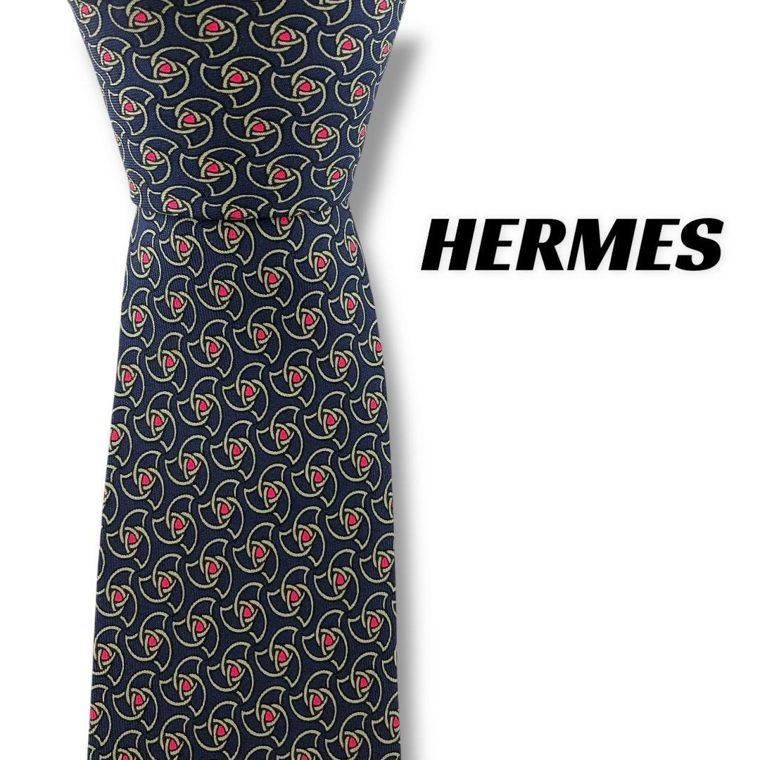 HERMES Necktie Tie Blue all-over pattern 100% Silk made in