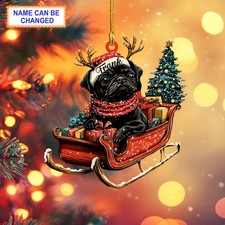 Custom Name Black Pug With Santa Hat Sitting On A Red Sleigh Ornament,
