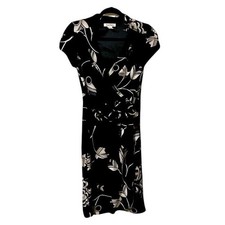 White House Black Market Black White Dress Floral Woman Size 4 Wrap Flounce