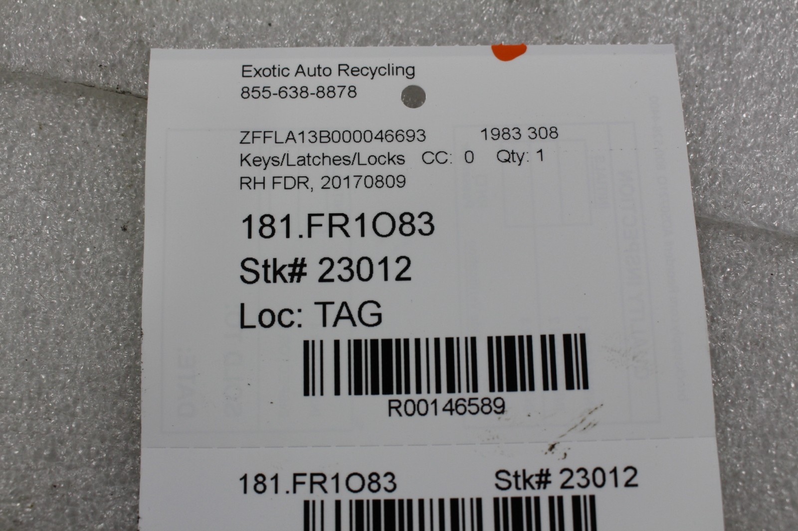 Ferrari 308, RH, Right, Door Latch, Used, P/N 20170809