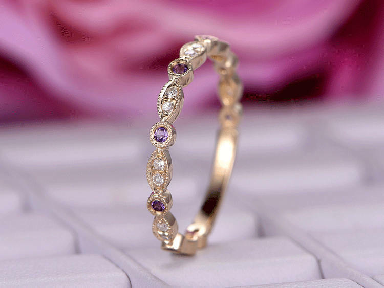 Natural Purple Amethyst Half Eternity Vintage Band Ring Rose Gold Plated Silver