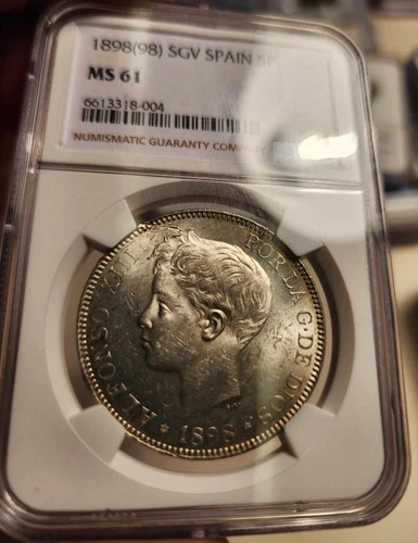 1898 Spain 5 Pesetas Silver NGC MS61 - Alfonso XIII - Beauty Very Flashy Luster