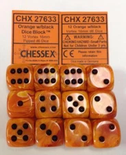 Chessex Dice d6 Set 16mm Vortex Orange w/ Black 6 Sided Die 12 Sets CHX 27633