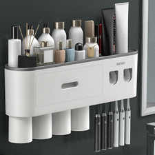 Wall-Mounted Toothbrush Holder with Automatic Dispenser  Storage Organizer