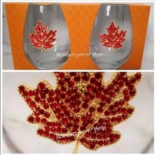 2pc Fall Thanksgiving Maple Leaf Rhinestone Jeweled Cocktail Wine Glass Set