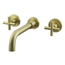 Basin Faucet Wall Mounted Brushed Gold Double Handles Mixer Sink Faucet 2 Holes