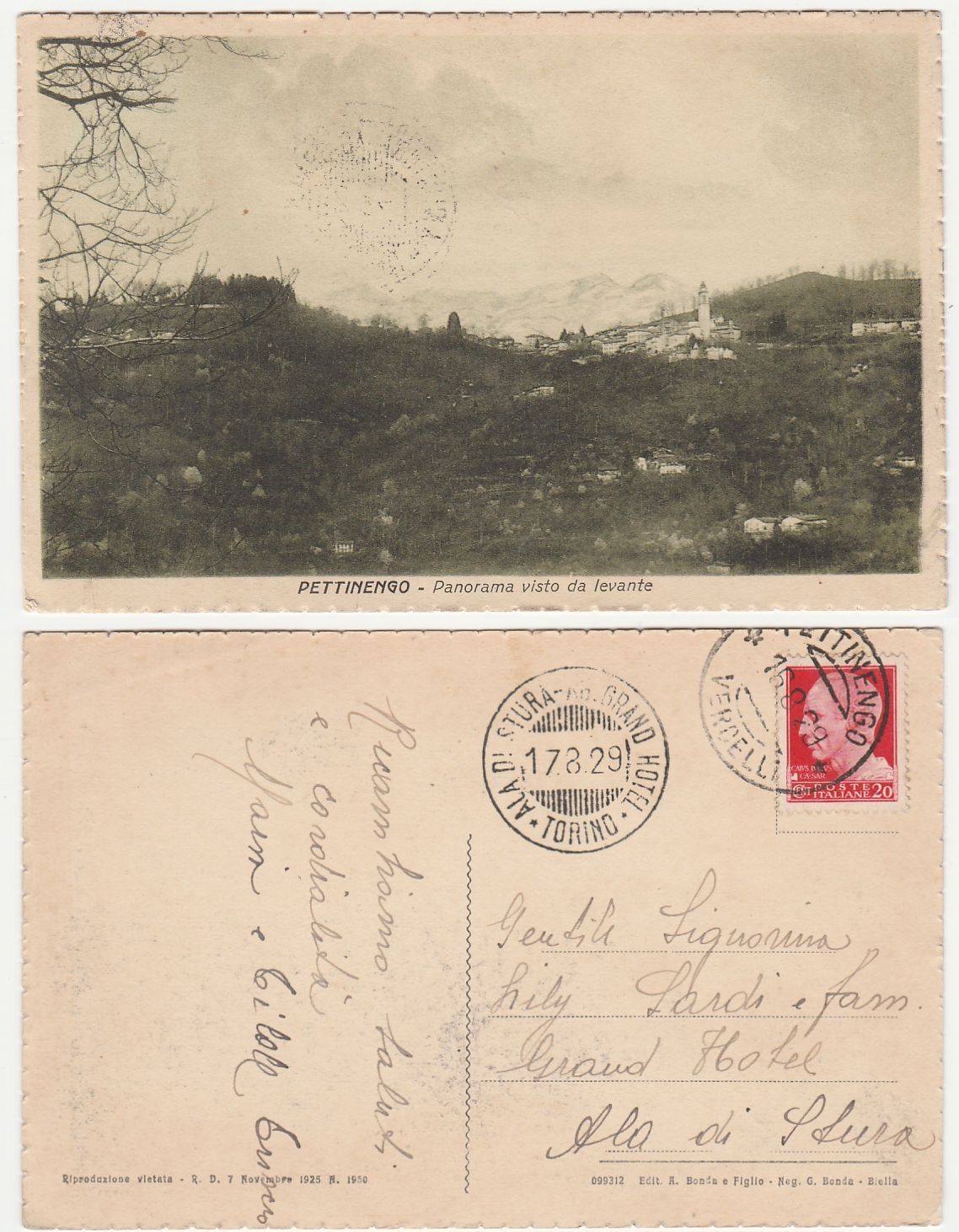PETTINENGO - BIELLA - PANORAMA VISTO DA LEVANTE - VIAGG. 1929 -19987-