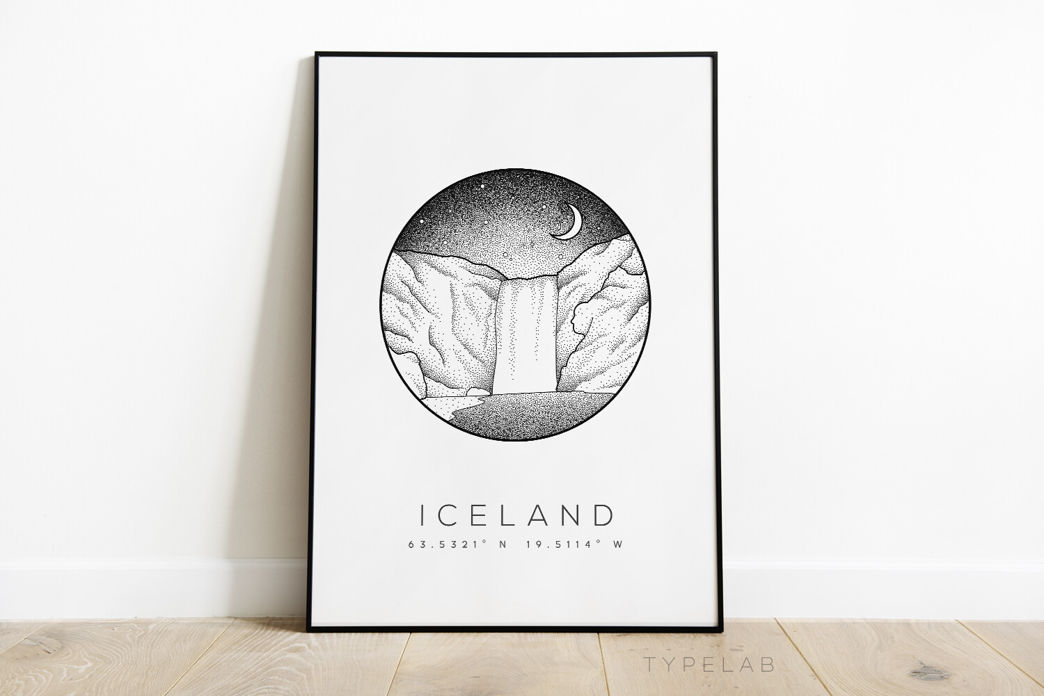 Iceland Art Print, Skogafoss Waterfall Travel Poster, Dotwork