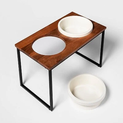 Modern Tall Metal Elevated Dog Bowl with Natural Wood Top Black