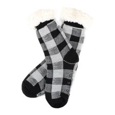Women's Plush Fleece Lined Sherpa Slipper Socks Grey and Black Design Cozy Socks