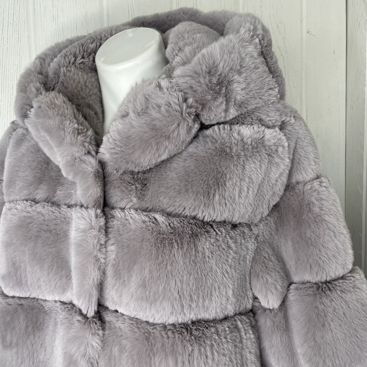 BCBGMAXAZRIA Felicia Faux Fur Coat Large Smoky Purple Hooded Teddy