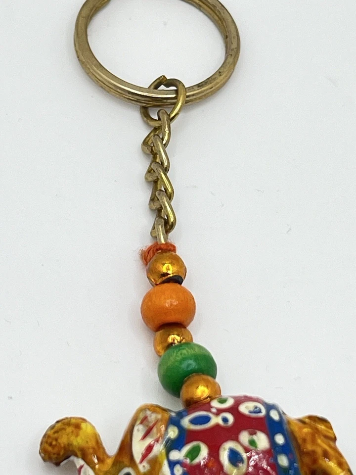 Hand Carved Painted Wood Elephant With Bell Lucky Key Chain India - Image 4 of 4