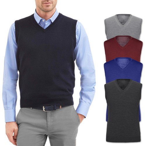 Maglione Uomo Lana Merinos Gilet Scollo a V Cardigan Casual Smanicato VEQUE - Zdjęcie 1 z 19