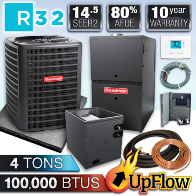 Goodman 4 Ton 14.5 SEER2 100K BTU 80% R32 AC & Upflow Gas Furnace Split System