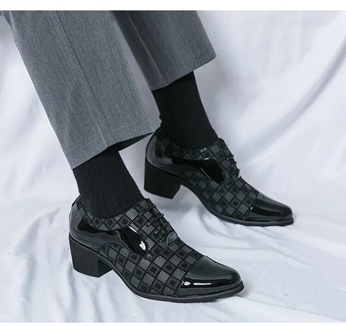 Men's Pointed Toe Lace Up Evening Party 6CM Cuban Heels Formal Dress Derby Shoes - Picture 13 of 26