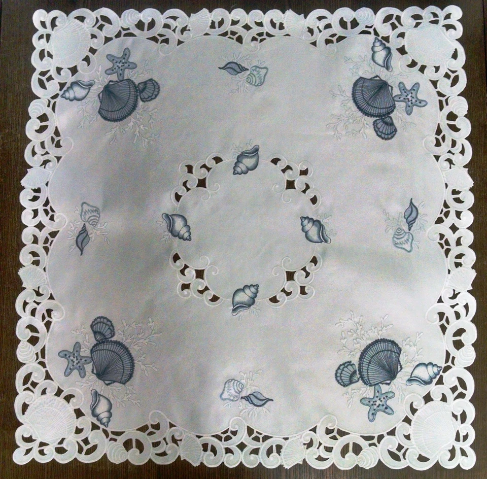 Doily Boutique Table Runner, Doily, Mantel Scarf with Blue Seashells on White - Image 3 of 4