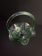 Fenton Art Glass small Green Basket Hand blown ruffled.6"Wx5.5"H
