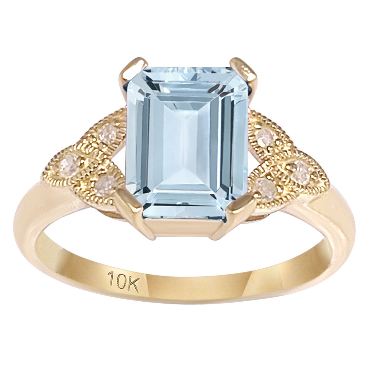 10k Yellow Gold Vintage Style Emerald-Cut Natural Aquamarine and