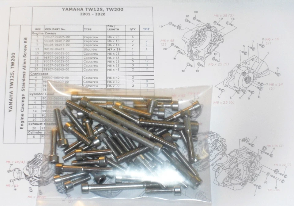 Motor y cilindro Yamaha TW125 TW200 2000-17 acero inoxidable Allen Bolt kit 48 piezas Foto 2 de 4