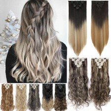 US SALE Clip in 100 Real Natural as Human Hair Extensions 8 Pcs Long Wavy Ombre