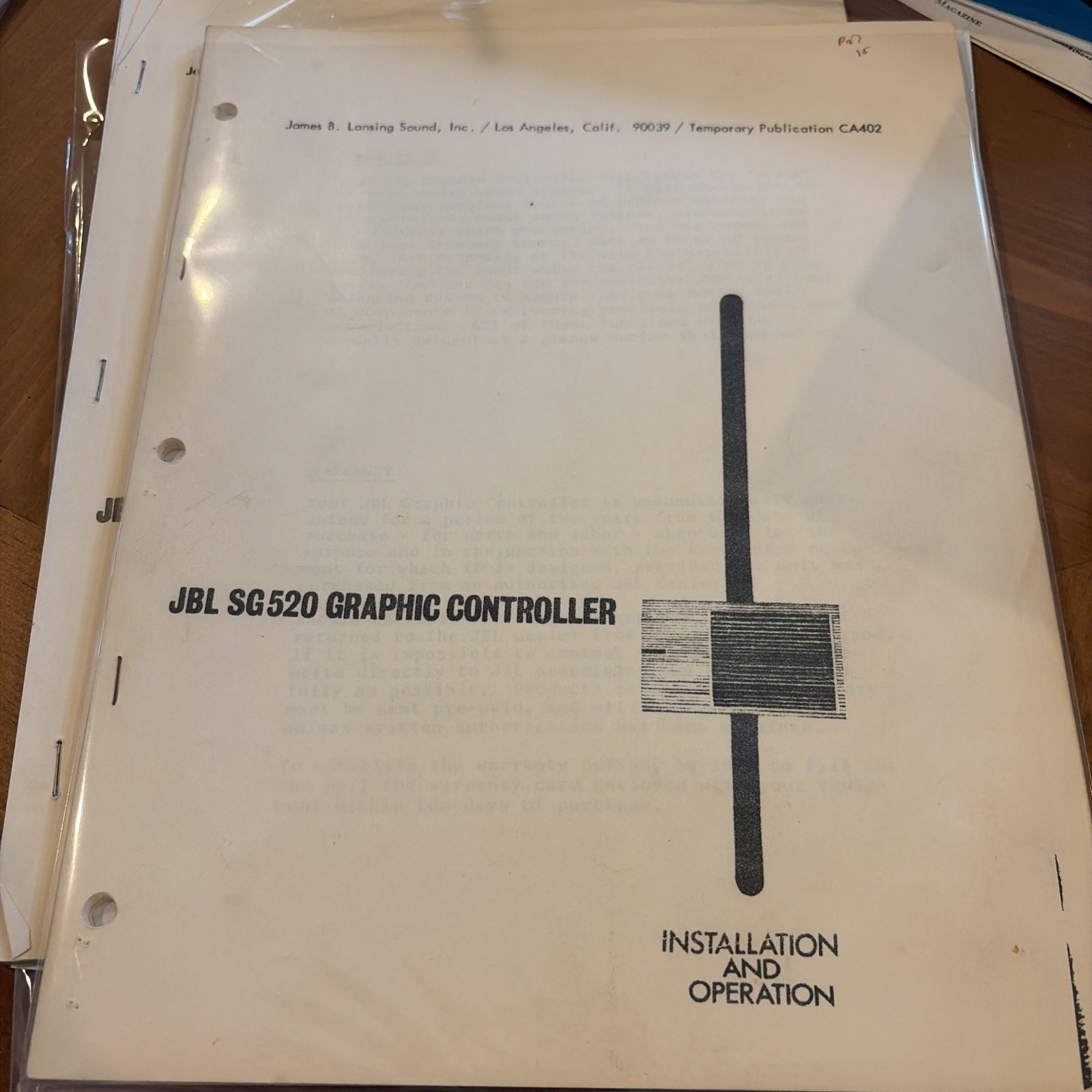 JBL SG520 Graphic Controller Installation N Operation ( 17 Plus Pages