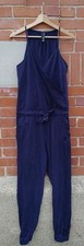 Jumpsuit Navy Blue Women's V-Neck Stretchy Dual Pockets Belted Waist Cuff Ankle