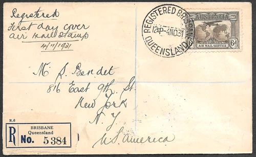 Australia Registered FDC First Day Cover 6p Airmail Stamp Brisbane to USA 1931