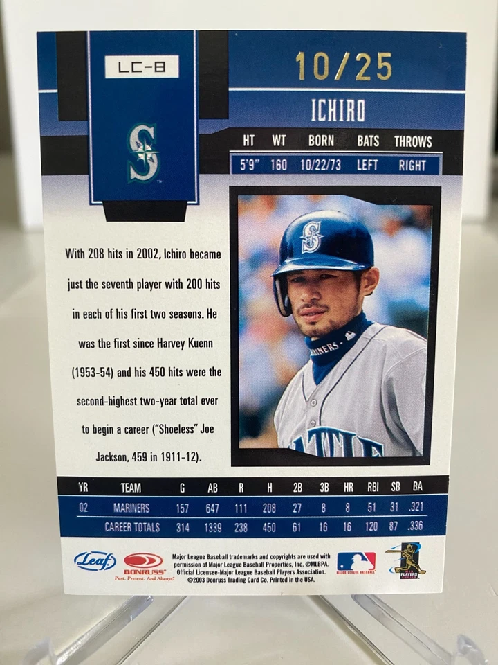 2003 Leaf Certified Materials' Gold Sample' Ichiro Suzuki # LC-8 Serial /25 HOF - Image 3 of 3