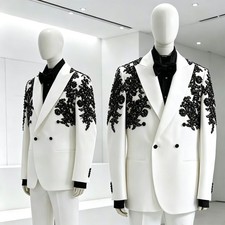White Peak Lapel Men's Suits Black Beaded Appliques Jacket Double Breasted Coat