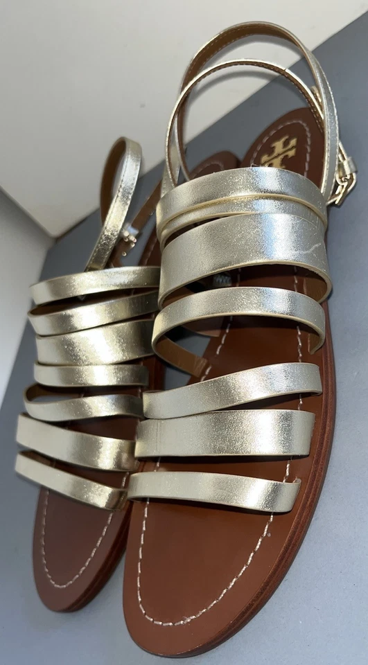 全新无标签 全新 Tory Burch Patos 平底绑带角斗士凉鞋 火花金色鞋-Sz 11 — 第 4/4 张图片