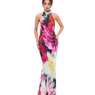 Betsy & Adam Multi Halter Floral Chiffon Tie Back Maxi Dress Size 10 $270