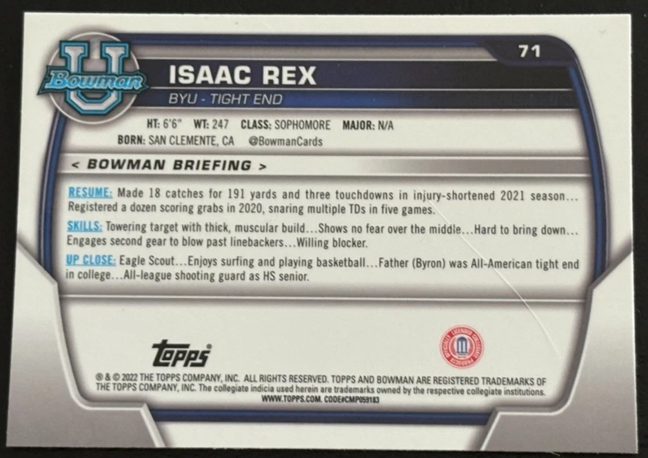 Isaac Rex 2022 Topps Bowman U 1st Bowman Pink Refractor Rookie #71 BYU Cougars - Image 2 of 2