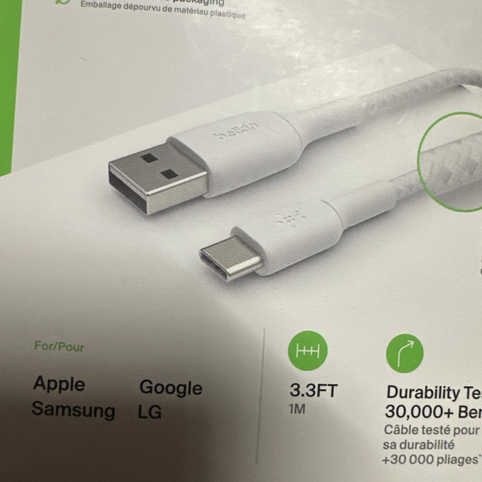 Belkin Charging Braided Cable USB-A to USB-C 3.3  feet White - Image 4 of 4