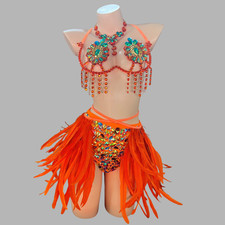Samba Carnival RAVE EDC Party Costume Stone Feather Hip Scarf Wire Bra Panties