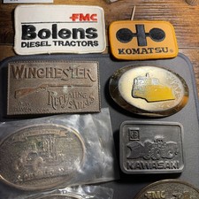 Vintage Belt Buckle Collection- Kawasaki, Komatsu, FMC, Winchester- Lot W/Bonus