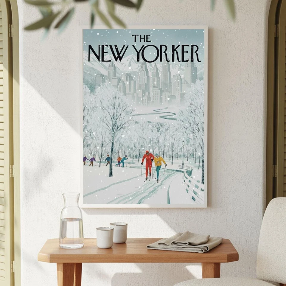 Póster de invierno vintage del New Yorker - arte de portada de escena de esquí nevado de Central Park Foto 3 de 4
