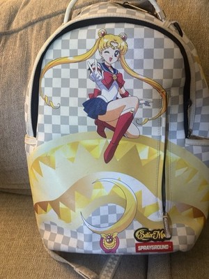 Sprayground Sailor Moon large Backpack Checkered Faux Leather White Gray Zip