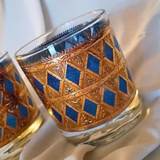 West Virginia Glass Co Rainier Blue & Gold Old Fashion Glasses Inv#23 W/Bonus.