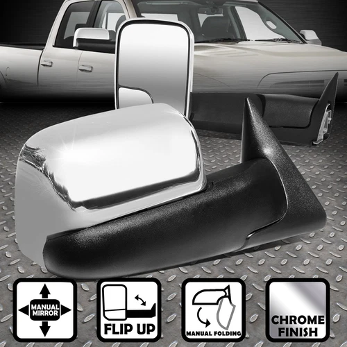 FOR 94-02 DODGE RAM 1500-3500 CHROME MANUAL ADJUST FLIP UP TOWING MIRROR PAIR