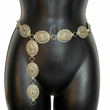 Vintage 80s 90s Silver Tone Oval Concho Chain Link Belt Boho Western Southwest