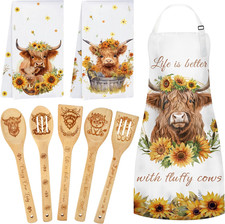 8 Pcs Highland Cow Kitchen Decor Set, Bamboo Cooking Spoons Apron Towels