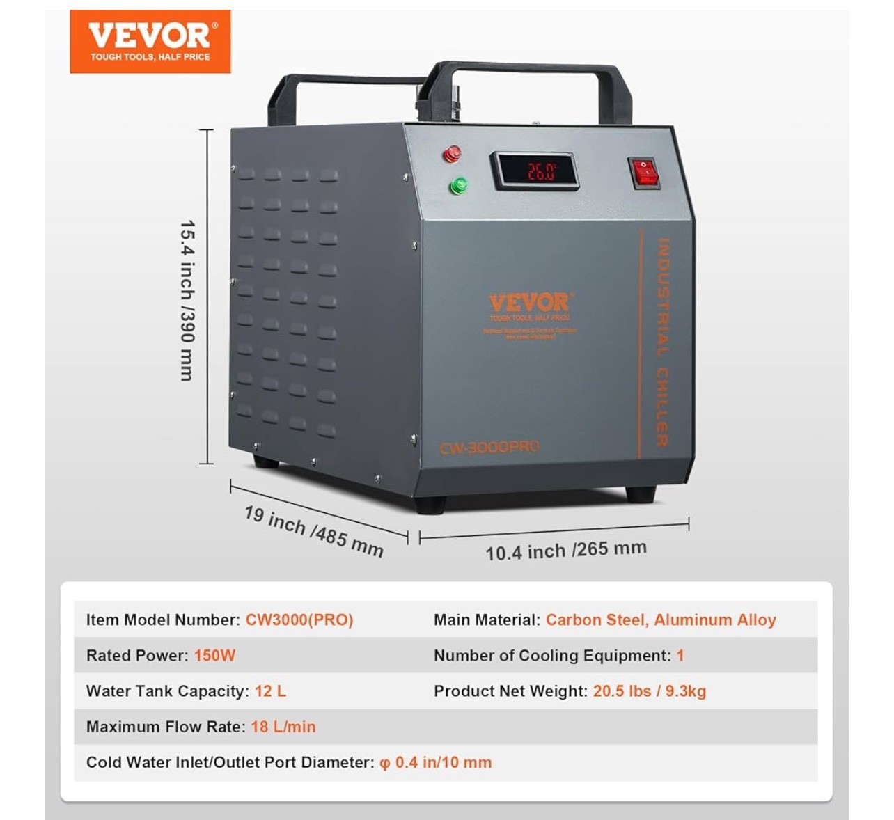 Industrial Water Chiller, CW-3000(PRO), 150W Air-Cooled Industrial Water Cooler