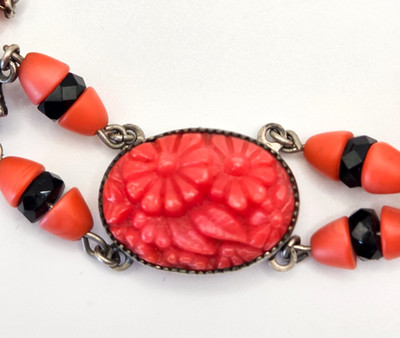 Czech Coral Molded Glass Flower Art Deco Bracelet - Vintage